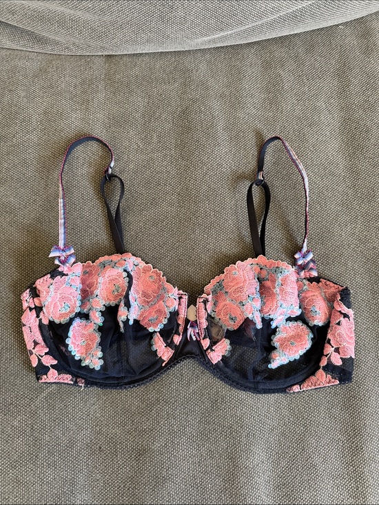 Victoria's Secret Other - Victoria's Secret Black Lace Balconette Bra with Pink Floral Embroidery. Sz 36c